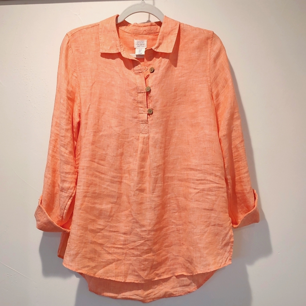 Sigrid Olsen Linen Tangerine Melon Orange Popover Top Roll-Tab Sleeves S